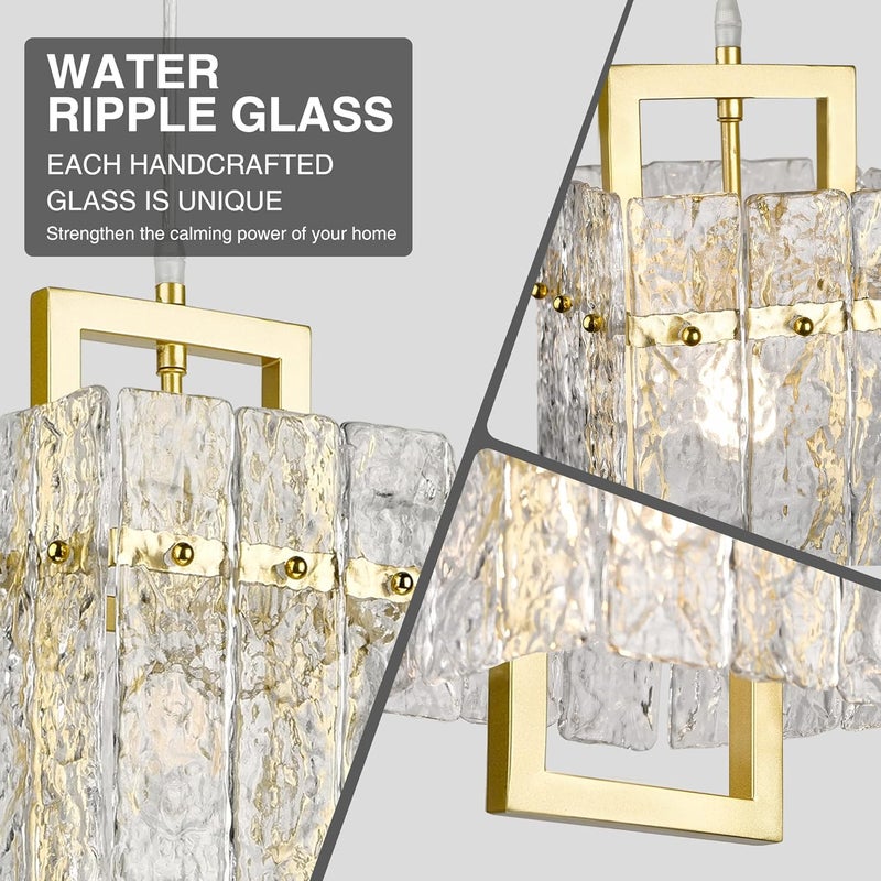 IKK Gold Crystal Pendant Light for Kitchen Island, Luxury Water Ripple Glass Chandelier Lights Fixture, Modern Elegant Adjustable Pendant Lighting for Dining Room Bedroom, E12 Bulb, L6.5'' x H11.8'' - Image 2